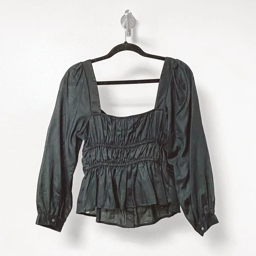 J.Crew Winter Preppy Chic Cinched Waist Top in Herringbone‎ Cotton in Black 6